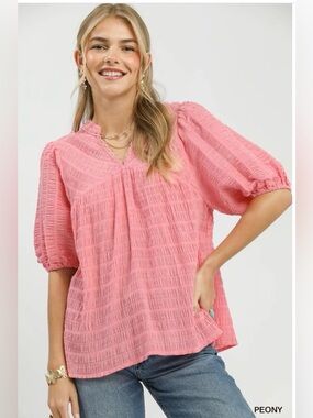 🛍️ Umgee Textured Puff Sleeve Blouse – Peony | Romantic Boho Top | S-L